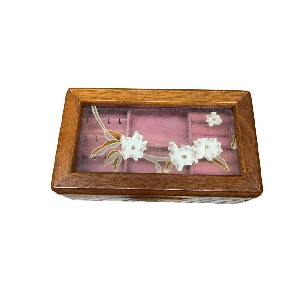 Vintage Wooden Floral Glass Jewelry Box With Pink Velvet Interior & Compartments